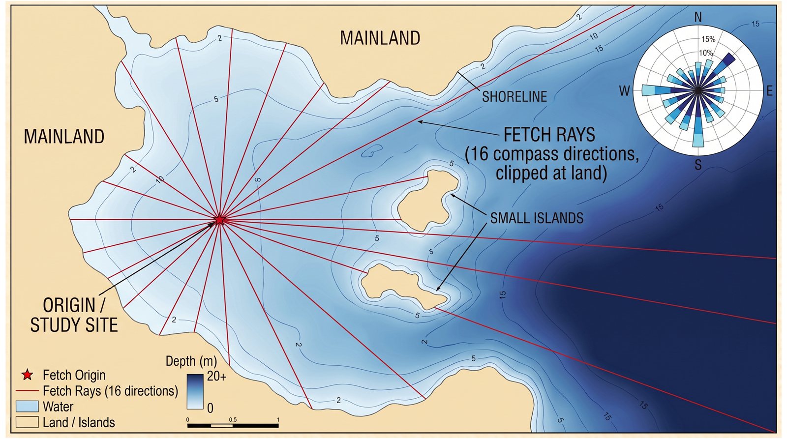 Map of a bay with a study site marked by a red star. Red fetch rays run from the site in 16 compass directions and stop where they reach the mainland or two small islands; rays toward the open water to the east run much further. Water is shaded by depth from 0 to over 20 m, with depth contours, and a wind rose in the corner shows how often the wind blows from each direction and how strongly.