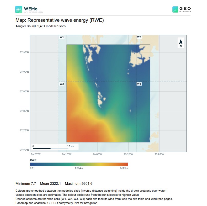 A page of the PDF report: a map of representative wave energy (RWE) with wind cells, scale bar and colour scale.
