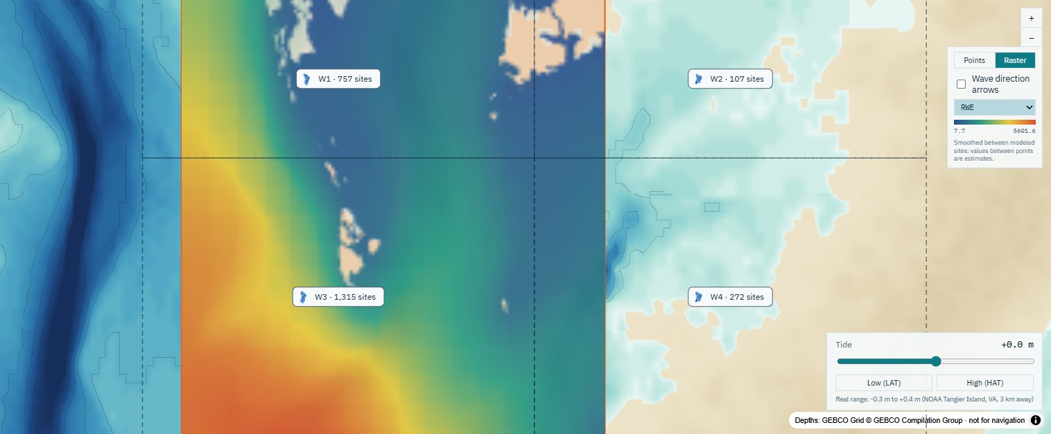 WEMo results map of Tangier Sound, Chesapeake Bay: sheltered water in blue, exposed open water in orange, with wind cells marked.