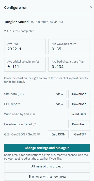 Run results panel: average RWE, wave height, orbital velocity and bed shear stress, with download buttons.