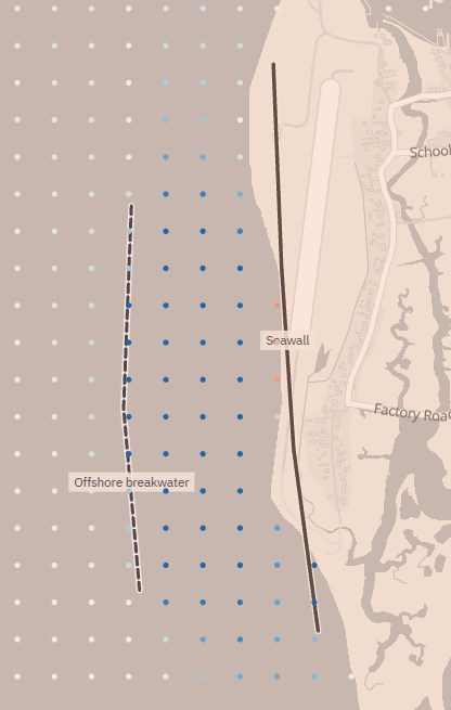 Planner map off Tangier Island of the change in wave height after adding a seawall and an offshore breakwater: lower in the breakwater's lee, slightly higher in front of the seawall.